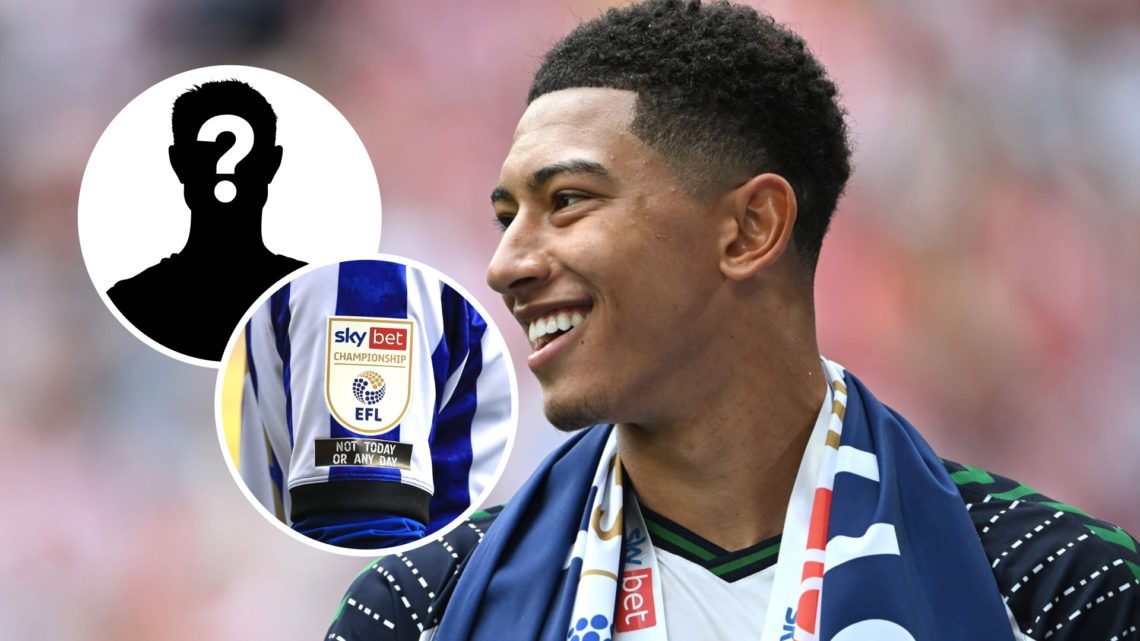 Jobe Bellingham reacts after winning Championship play-off final with Sunderland AFC. Inset, the Championship logo and a mystery player.