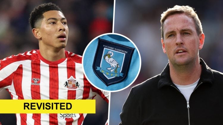 Jobe Bellingham reacts during a Championship game for Sunderland AFC, and former Wycombe Wanderers FC manager Mike Dodds. Inset, the Wycombe Wander...