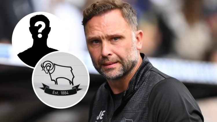 Derby County manager John Eustace before a Championship game. Inset, the Derby County FC badge and a mystery player.