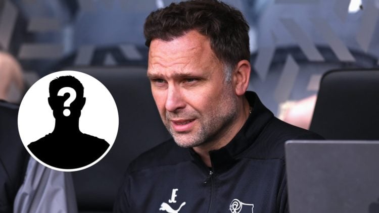 Derby County manager John Eustace. Inset, mystery player graphic.