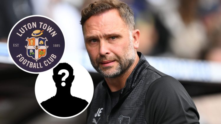 John Eustace the Derby County manager. Inset, Luton Town badge. Inset, Mystery Player