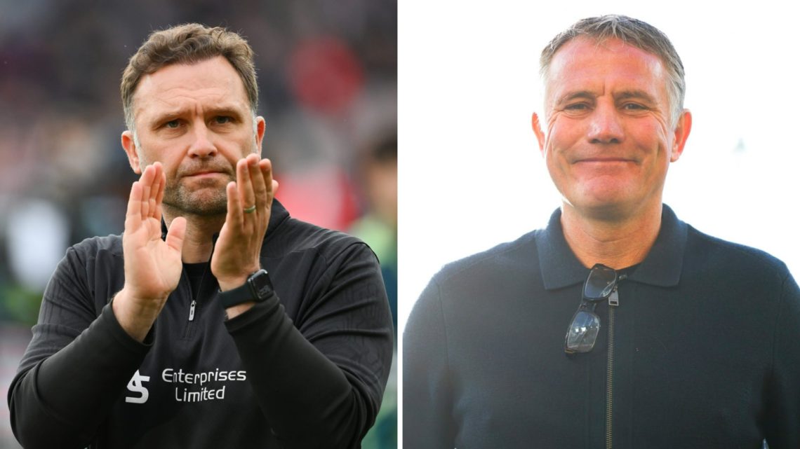 John Eustace, manager of Derby County, looks dejected (L). Coach Phil Parkinson of Wrexham AFC looks on during the match between Wellington Phoenix...
