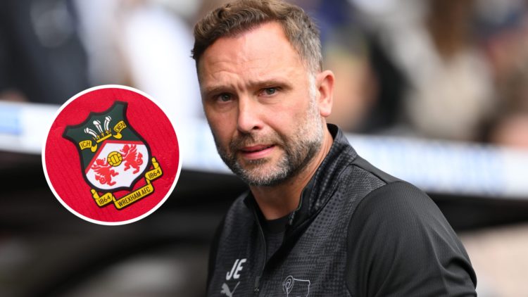Derby County manager, John Eustace, during the Sky Bet Championship match between Derby County and Coventry City. Inset, Wrexham badge