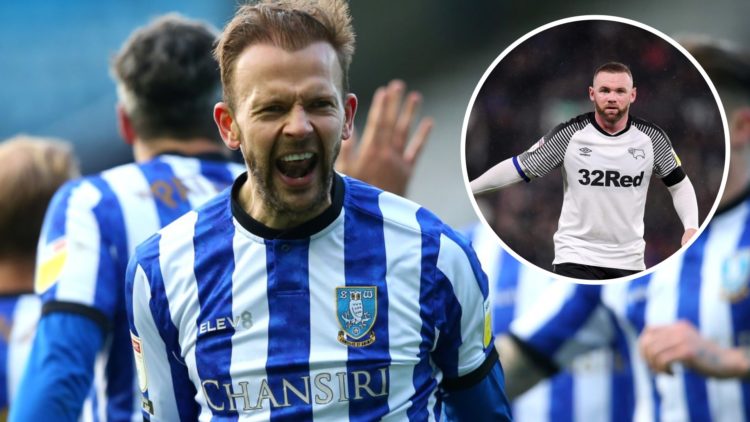 Jordan Rhodes celebrates scoring for Sheffield Wednesday (main) and Wayne Rooney looks on while playing for Derby County (inset)