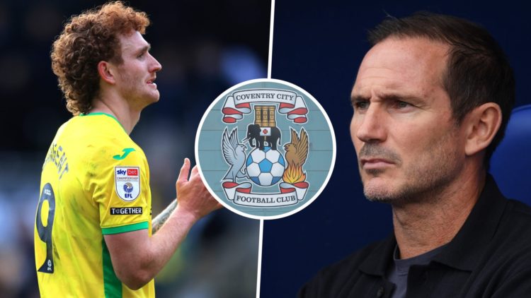 Norwich City FC striker Josh Sargent reacts during a Championship match, and Coventry City manager Frank Lampard in a dugout. Inset, the Coventry C...