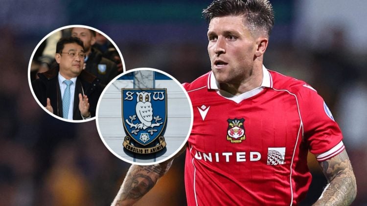 Josh Windass during a game for Wrexham AFC. Inset, the Sheffield Wednesday FC badge and Sheffield Wednesday owner Dejphon Chansiri applauding befor...