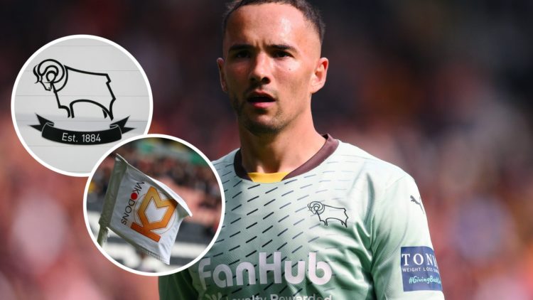 Kane Wilson of Derby County looks on during the Sky Bet Championship match between Hull City AFC and Derby County FC. Inset, Derby County badge. In...
