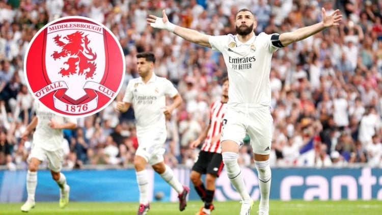 Karim Benzema celebrates during Real Madrid vs Atletico Madrid, an inset of the Middlesbrough badge