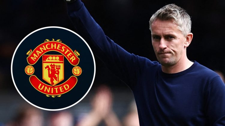 Kieran McKenna sticks his thumb up at the Ipswich fans (main) and Manchester United badge (inset)