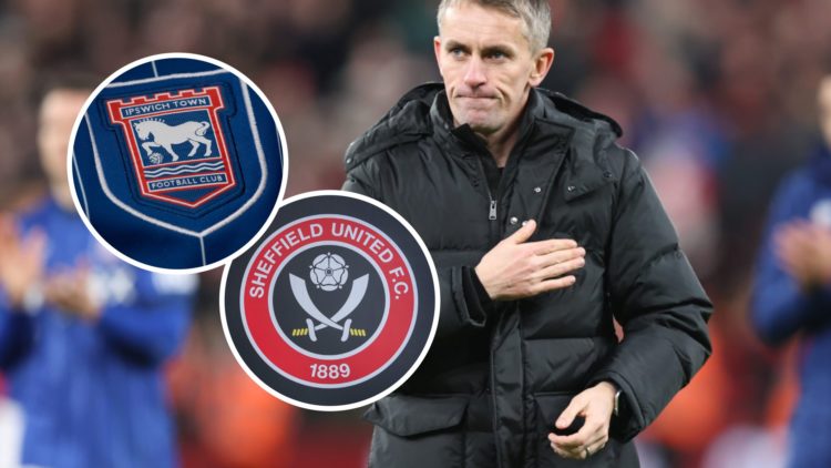 Ipswich Town head coach Kieran McKenna. Inset, the Ipswich Town FC badge and the Sheffield United FC badge.