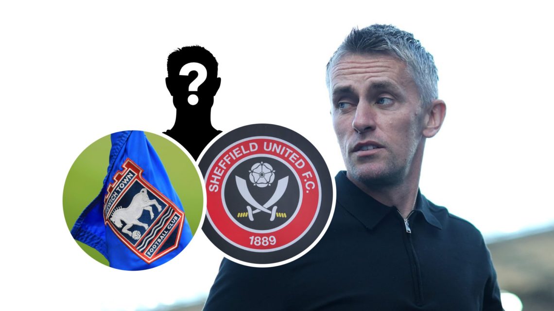 Ipswich Town manager Kieran McKenna during a Championship game. Inset, a mystery player, the Ipswich Town FC badge and the Sheffield United FC badge.