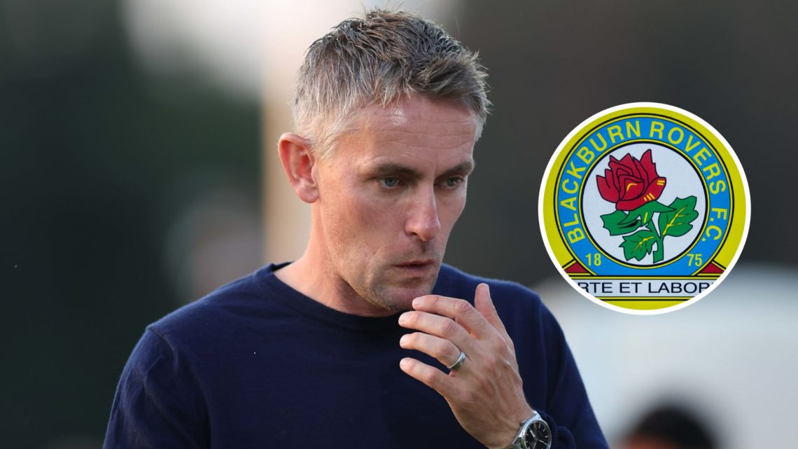 Kieran McKenna Manager of Ipswich Town looks disappointed. Inset, Blackburn Rovers badge