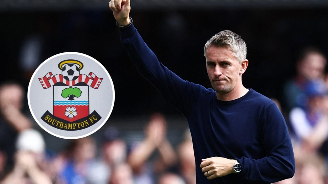 Kieran McKenna reacts after an Ipswich match. Inset, Southampton badge
