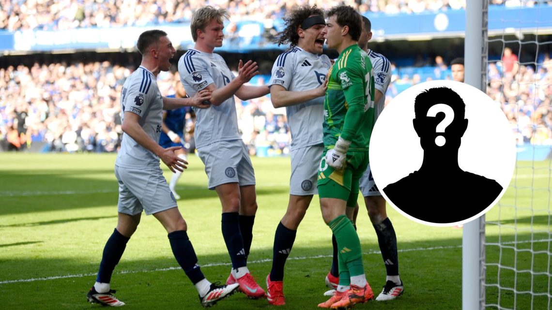 Mads Hermansen celebrates with his Victor Kristiansen and his Leicester City teammates after saving a penalty, an inset of a mystery man