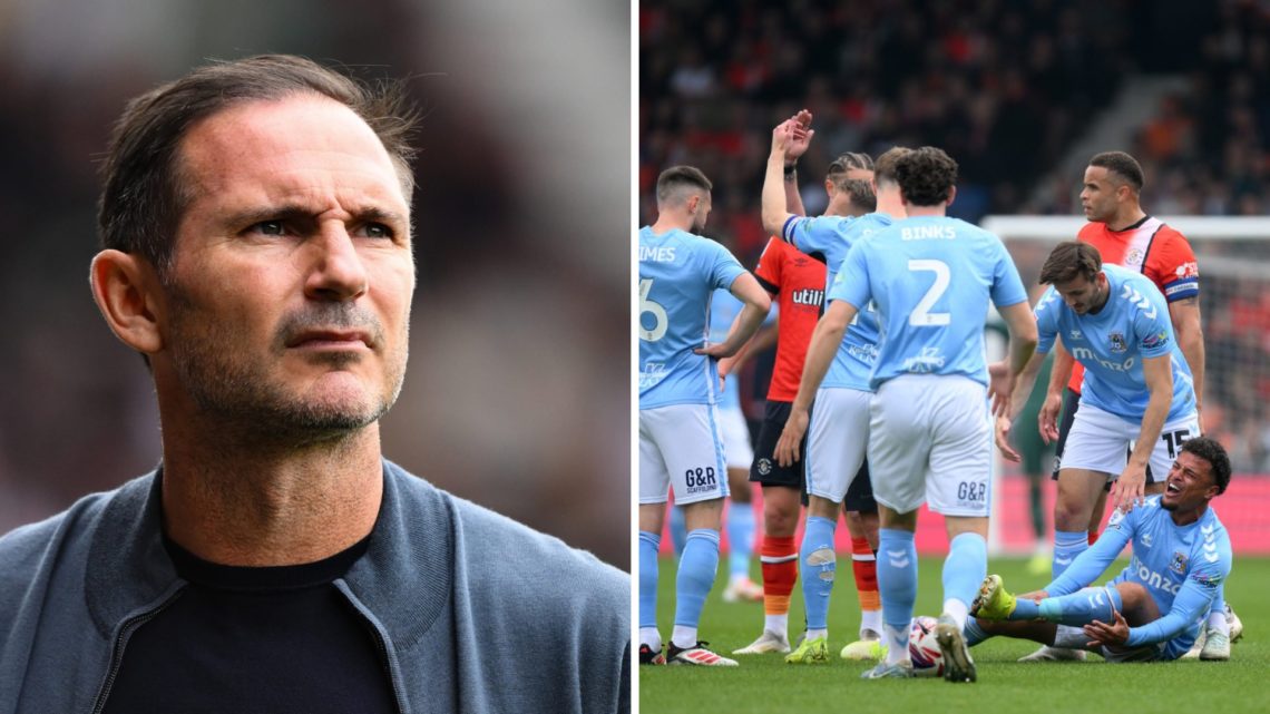 Frank Lampard watches on during Coventry City's trip to Oxford United, Coventry City's Joel Latibeaudiere is injured during the Sky Bet Championshi...