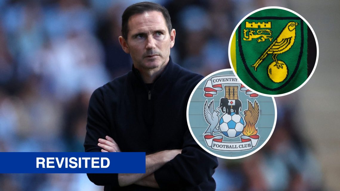 Frank Lampard looks dejected during Coventry City vs Sunderland, an inset of the Coventry City badge, an inset of the Norwich City badge