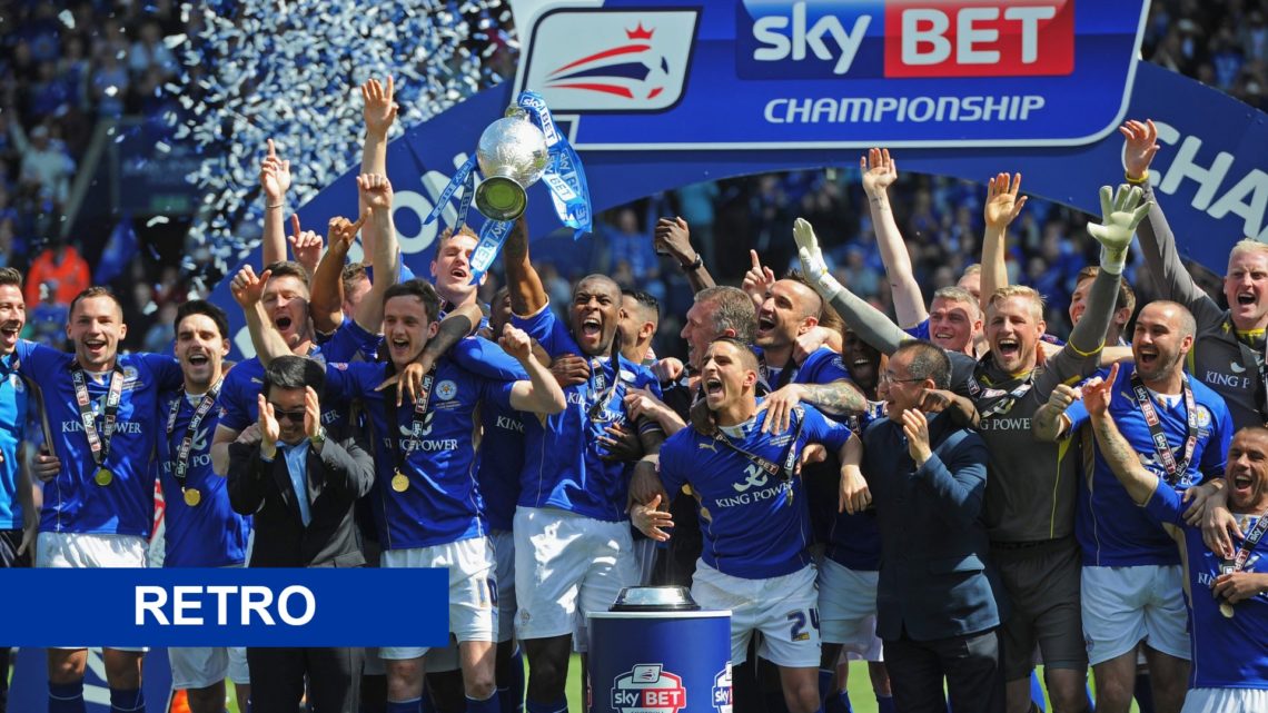 Leicester City lift the Championship trophy, a retro label banner