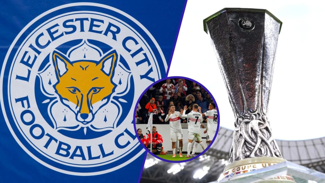 Split image showing the Leicester City badge, the Europa League trophy, and Bilal El Khannouss scoring for Stuttgart