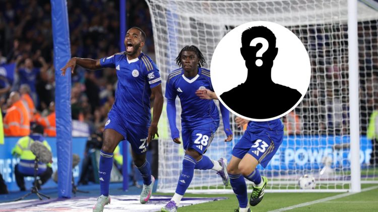 Ricardo Pereira celebrates with Luke Thomas and Jeremy Monga for Leicester City vs Birmingham City, an inset of a mystery figure