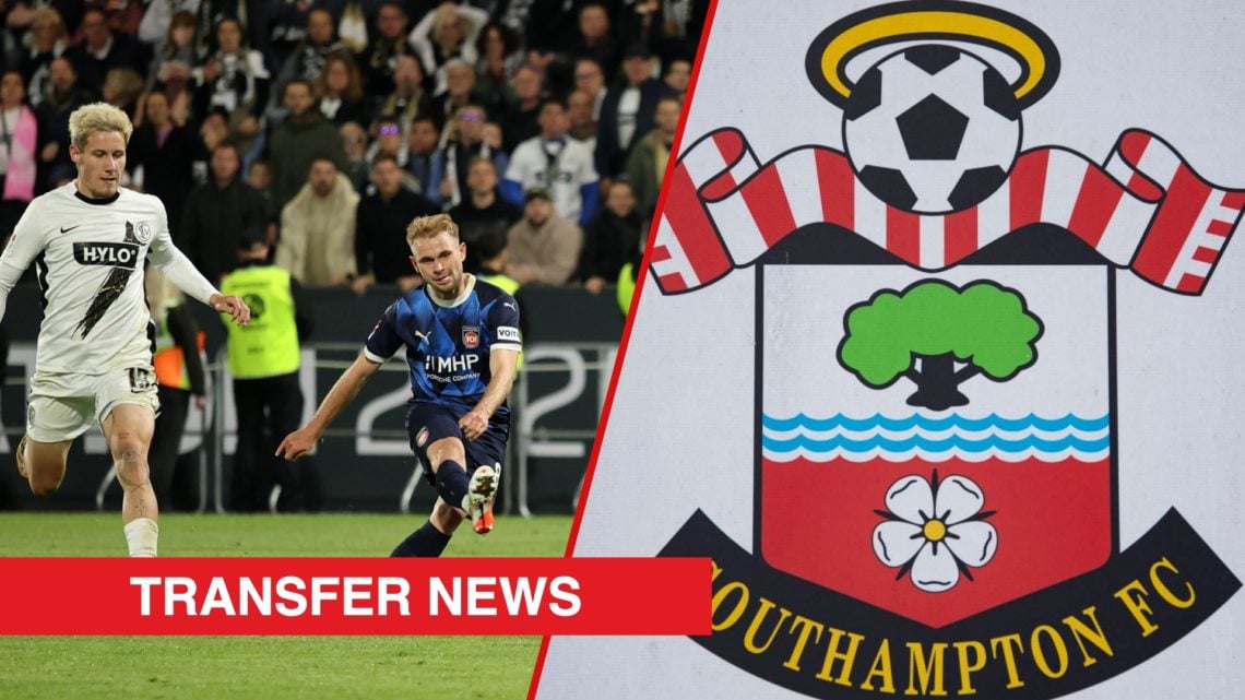Split image showing Leo Scienza playing for Heidenheim and the Southampton badge