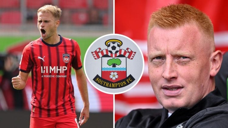 Leo Scienza celebrates after scoring a goal for FC Heidenheim, and Southampton FC manager Will Still before a Championship game. Overlaid, the Sout...
