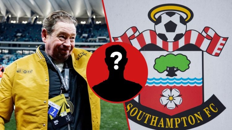 Split image showing former Russia coach Leonid Slutsky and the Southampton badge outside St Mary's stadium