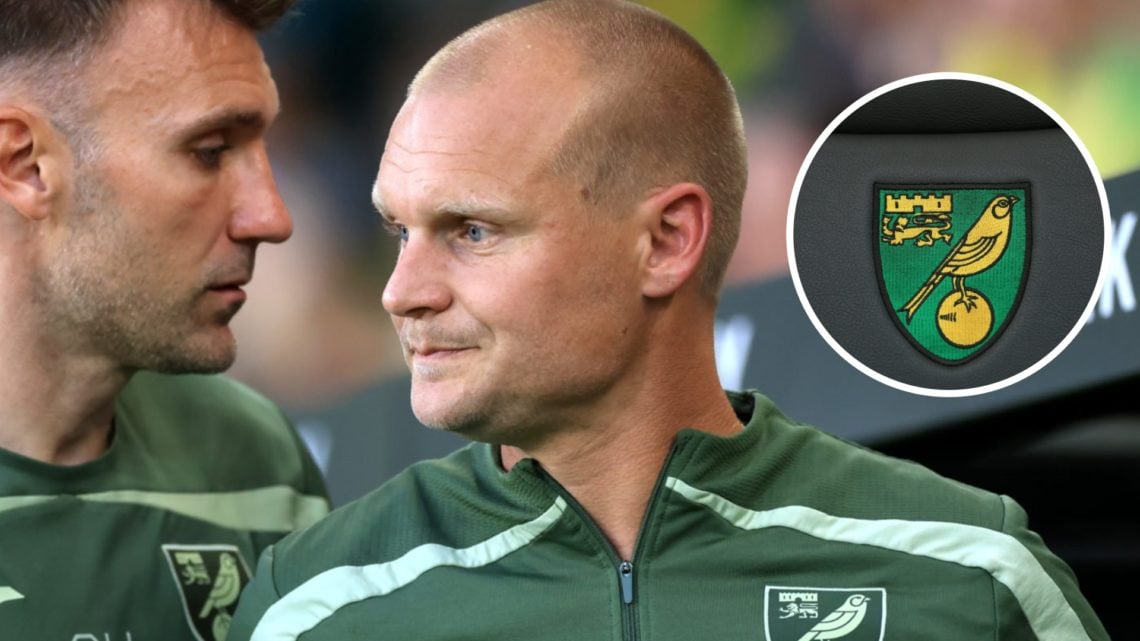 Norwich City manager Liam Manning with club badge inset.