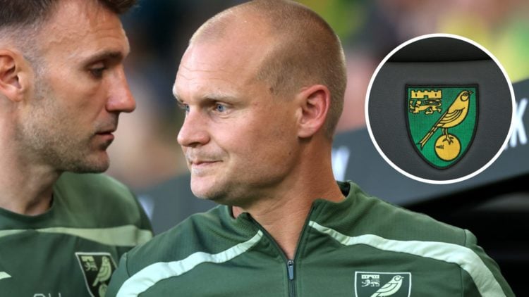 Norwich City manager Liam Manning with club badge inset.