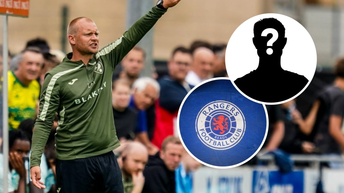Liam Manning in charge of Norwich City in a friendly. Inset, Rangers badge. Inset, Mystery Player