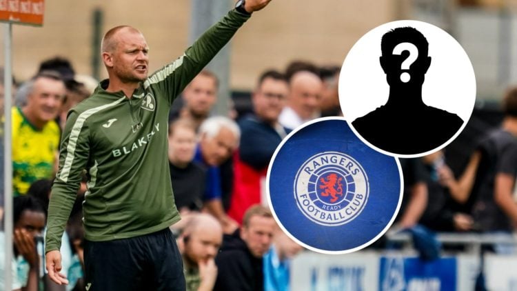 Liam Manning in charge of Norwich City in a friendly. Inset, Rangers badge. Inset, Mystery Player