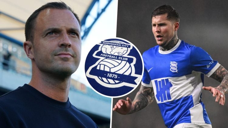 Birmingham City manager Chris Davies, and Birmingham City forward Lyndon Dykes. Inset, the Birmingham City FC badge.