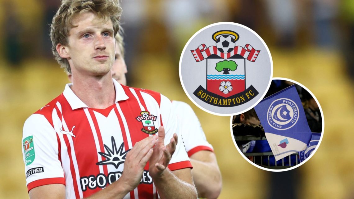 Southampton defender Mads Roerslev applauds fans after a game, and inset, the Southampton FC badge and the Portsmouth FC badge.