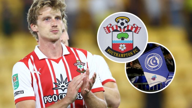 Southampton defender Mads Roerslev applauds fans after a game, and inset, the Southampton FC badge and the Portsmouth FC badge.