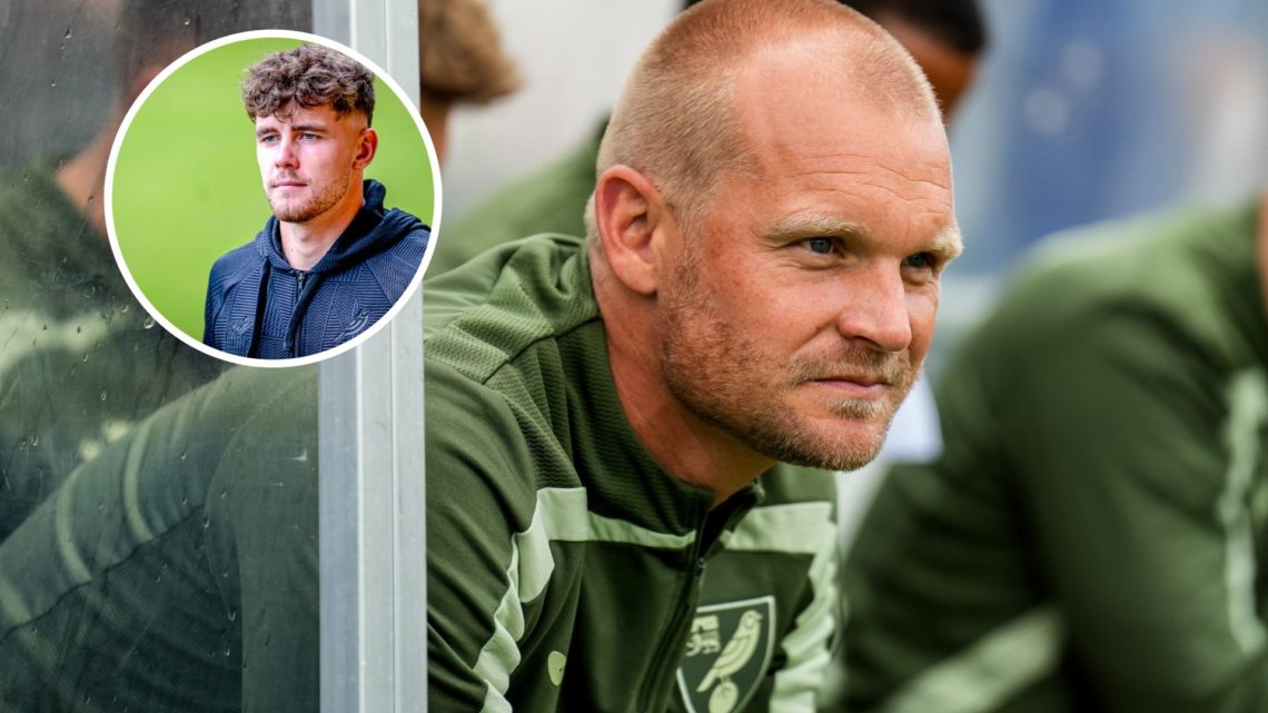 Liam Manning watches on during Norwich City vs Olympiacos, an inset of Mathias Kvistgaarden arriving at Carrow Road