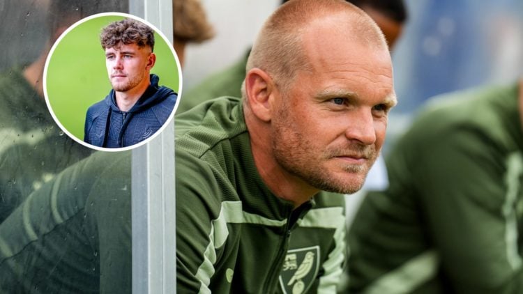 Liam Manning watches on during Norwich City vs Olympiacos, an inset of Mathias Kvistgaarden arriving at Carrow Road