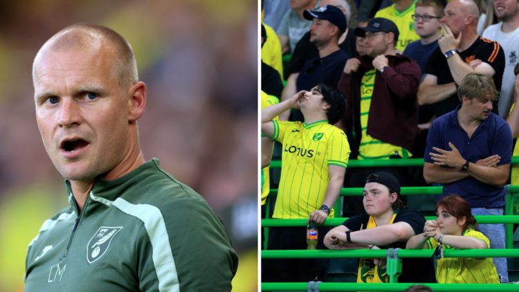 Liam Manning looks on during Norwich City vs Southampton, Norwich City fans boo during their Carabao Cup defeat against Southampton