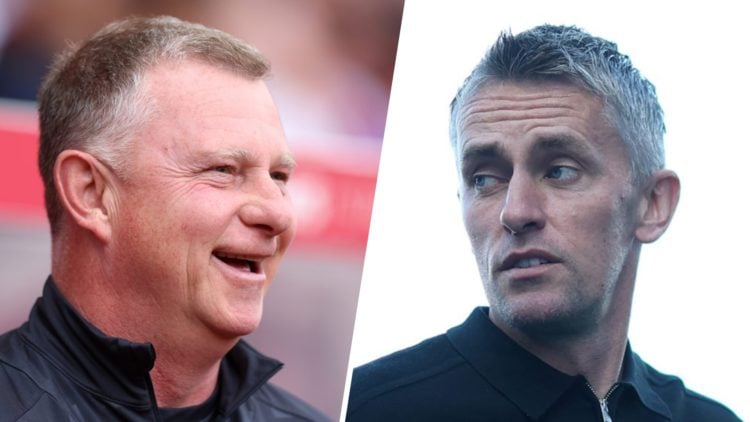 Mark Robins, Manager of Stoke City, reacts (left), Kieran McKenna, Manager of Ipswich Town, looks on (right)