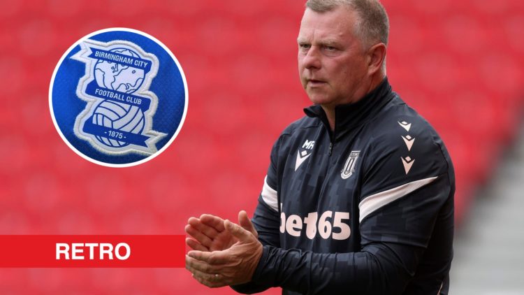Mark Robins applauds his side during Stoke City vs Wolverhampton Wanderers, a detailed view of the Birmingham City badge