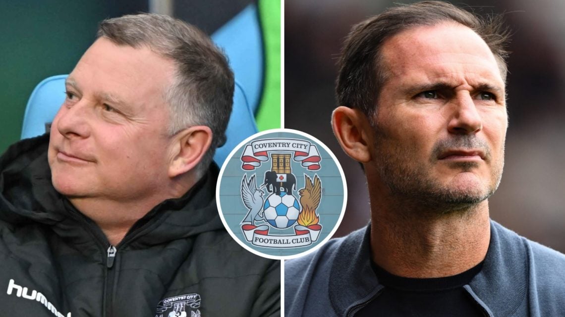 Split image of Mark Robins and Coventry City manager Frank Lampard with club badge inset.