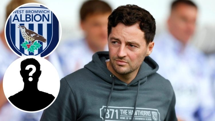 Ryan Mason watches on from the touchline as West Brom manager, an inset of the West Brom badge, an inset of a mystery man