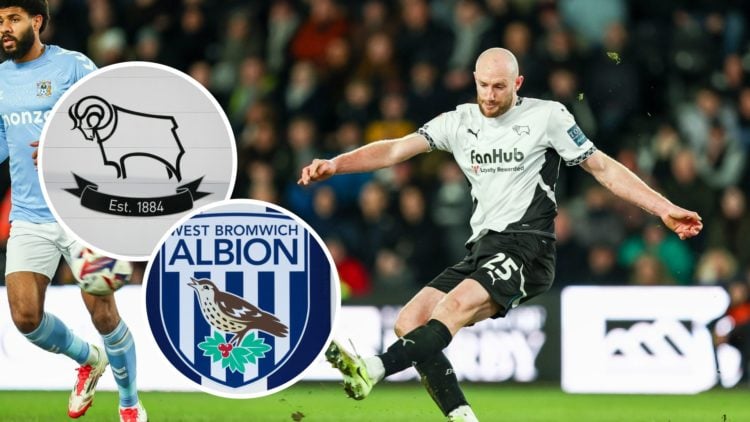 Matt Clarke of Derby County is in defensive action during the Sky Bet Championship match between Derby County and Coventry City. Inset, Derby Count...