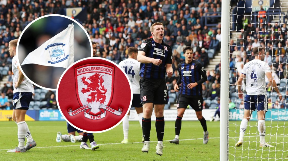 Matt Targett reacts after scoring for Middlesbrough against Preston North End. Inset, the Middlesbrough FC badge and the Preston North End FC badge...