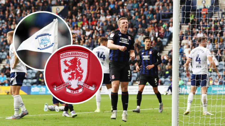 Matt Targett reacts after scoring for Middlesbrough against Preston North End. Inset, the Middlesbrough FC badge and the Preston North End FC badge...