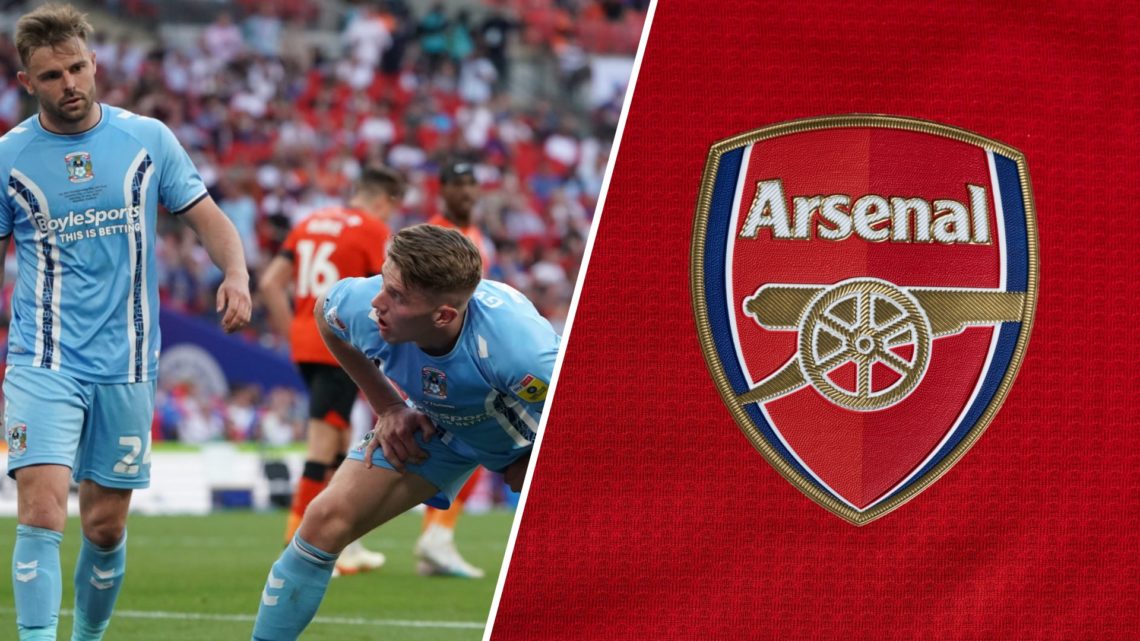 Matty Godden comes over to check on Victor Gyokeres while playing for Coventry (left) and Arsenal badge (right)