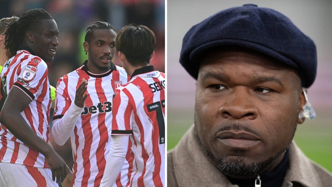 Bosun Lawal of Stoke City celebrates with his team-mates after beating Birmingham City, TNT Sports pundit Aaron McLean before AFC Bournemouth vs We...