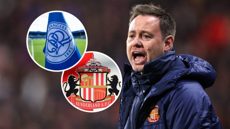 Former Sunderland manager Michael Beale reacts during a Championship game against Huddersfield Town FC. Inset, the Queens Park Rangers badge on a c...