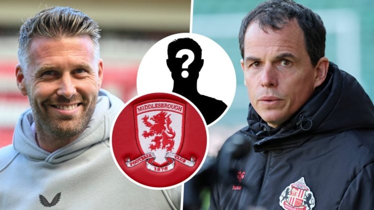 Middlesbrough FC manager Rob Edwards, and Sunderland AFC manager Regis Le Bris. Inset, the Middlesbrough FC badge and a mystery player.