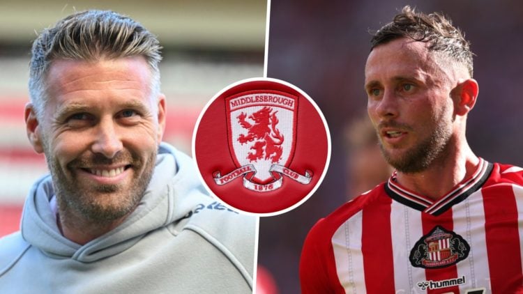 Middlesbrough FC manager Rob Edwards smiles before a Championship game, and Sunderland AFC player Alan Browne during a pre-season friendly. Inset, ...