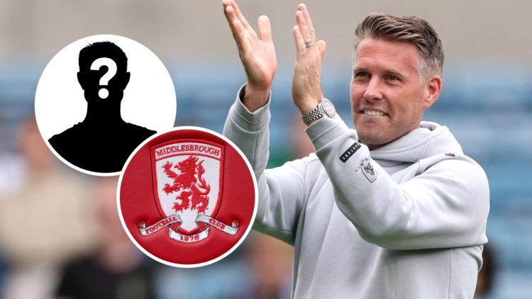 Middlesbrough manager Rob Edwards applauds the fans after a win in Championship game. Inset, a mystery player and the Middlesbrough FC logo.