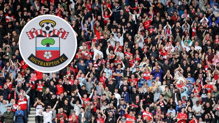 Middlesbrough fans celebrate their goal against Preston North End, an inset of the Southampton badge